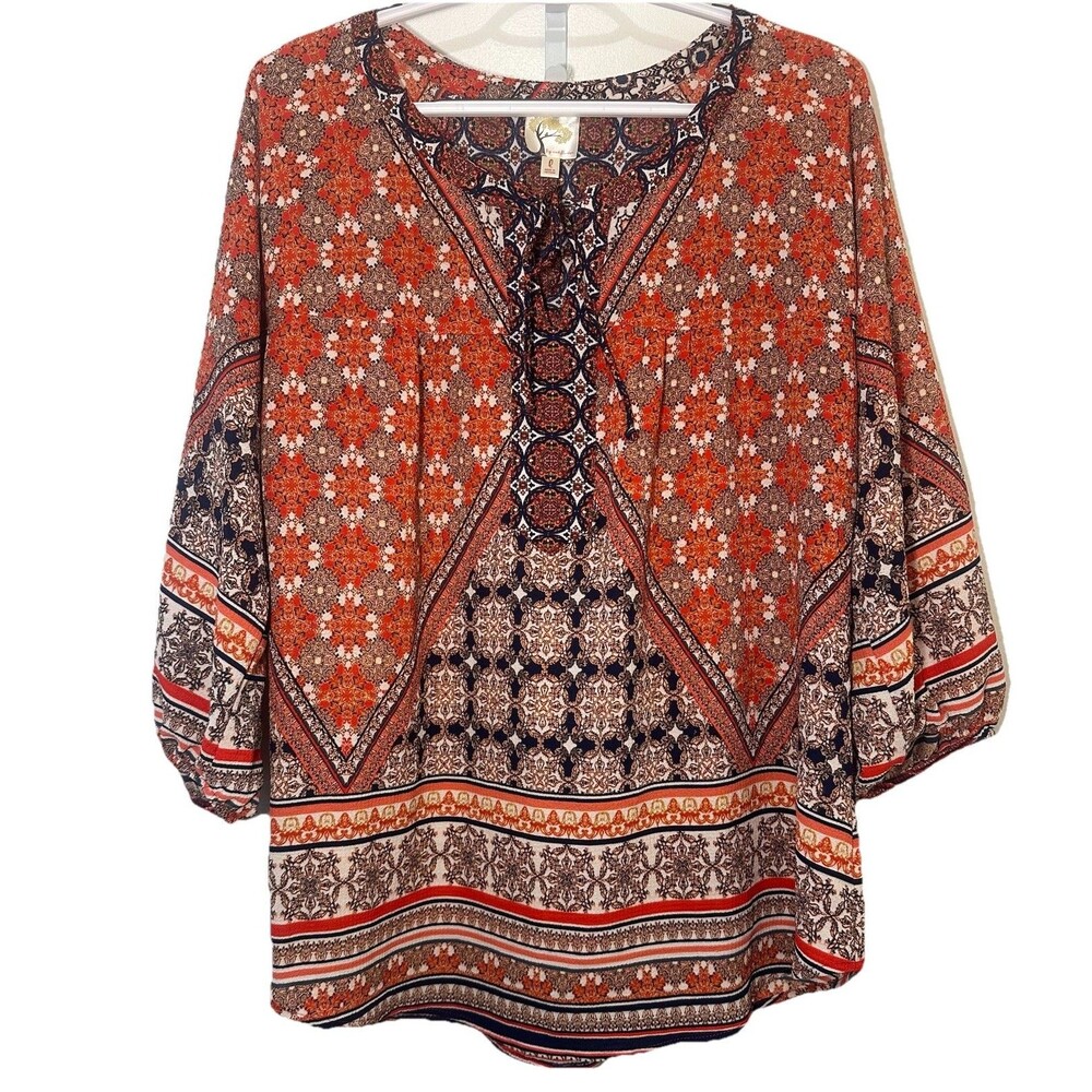 Fig and Flower Boho Peasant Blouse Large Rust Navy Medallion